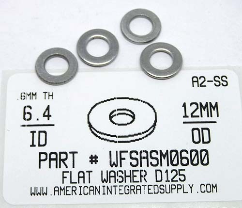 M6 FLAT WASHER A2 STAINLESS STEEL 6.4IDX12ODX1.6MM THICK D125A