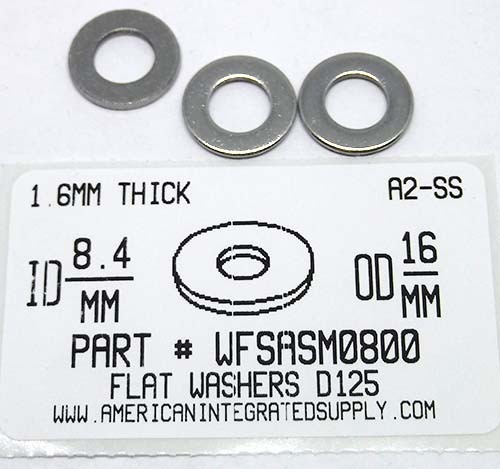 M8 FLAT WASHER A2 STAINLESS STEEL 8.4IDX16ODX1.6MM THICK D125A