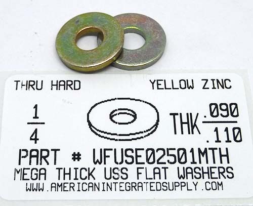 1/4 MEGA-THICK (.090-.110) USS FLAT WASHER HARDENED STEEL YELLOW ZINC PLATED