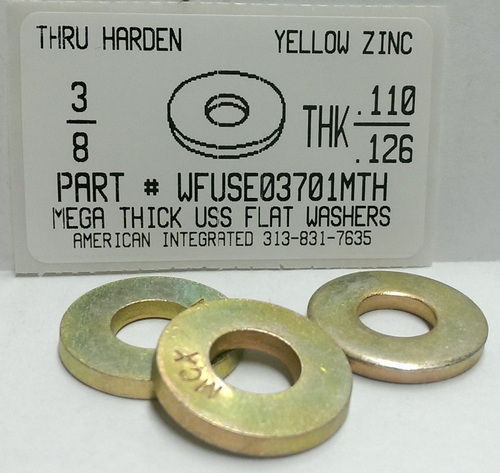 3/8 MEGA-THICK (.110-.126) USS FLAT WASHER HARDENED STEEL YELLOW ZINC PLATED