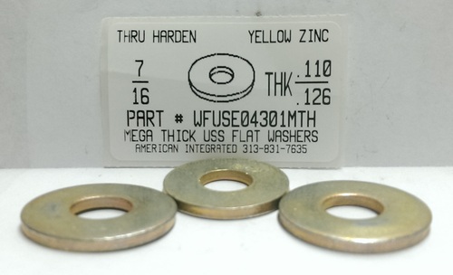 7/16 MEGA-THICK (.110-.126) USS FLAT WASHER HARDENED STEEL YELLOW ZINC PLATED