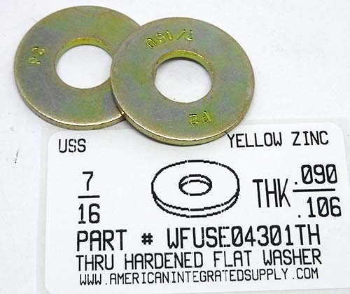 7/16 USS FLAT WASHER .090/.106 THICK THRU HARDENED STEEL YELLOW ZINC PLATED