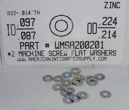 #2 FLAT MACHINE SCREW WASHER STEEL ZINC .097-.087"ID X .224-.214"OD X .022-.014"TH