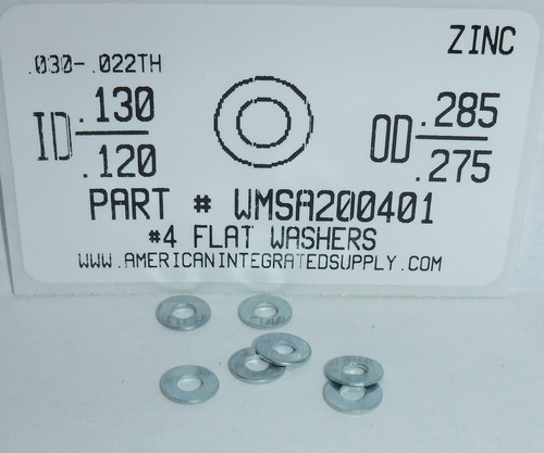 #4 FLAT MACHINE SCREW WASHER STEEL ZINC .130"-.120" ID X .285"-.275" OD  X .030"-.022" TH