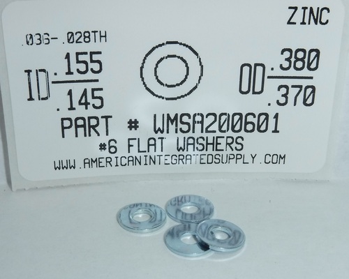 #6 SAE FLAT WASHER STEEL ZINC .155"-.145" ID X .380"-.370"OD X .036"-.028"TH