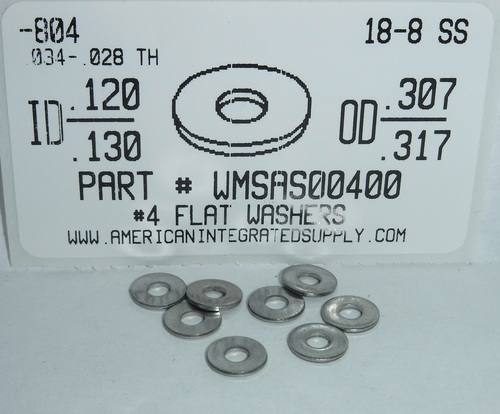 #4 FLAT WASHER .125"IDX.312"OD NOMINAL 18-8 STAINLESS STEEL