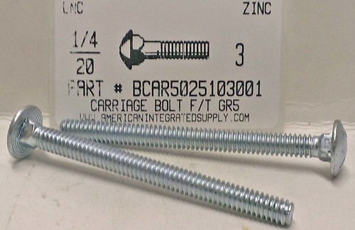 1/4-20X3 CARRIAGE BOLT FULLY THREADED GRADE 5 STEEL ZINC PLATED