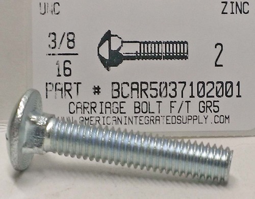 3/8-16X2 CARRIAGE BOLT FULLY THREADED GRADE 5 STEEL ZINC PLATED