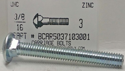 3/8-16X3 CARRIAGE BOLT FULLY THREADED GRADE 5 STEEL ZINC PLATED