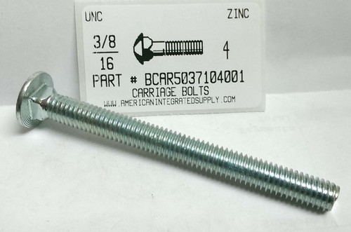 3/8-16X4 CARRIAGE BOLT FULLY THREADED GRADE 5 STEEL ZINC PLATED