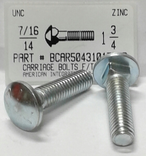 7/16-14X1-3/4 CARRIAGE BOLT FULLY THREADED GRADE 5 STEEL ZINC PLATED