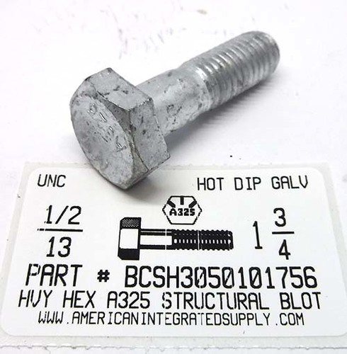 1/2-13X1-3/4 HEAVY HEX STRUCTURAL BOLT A325 STEEL HOT DIP GALVANIZED