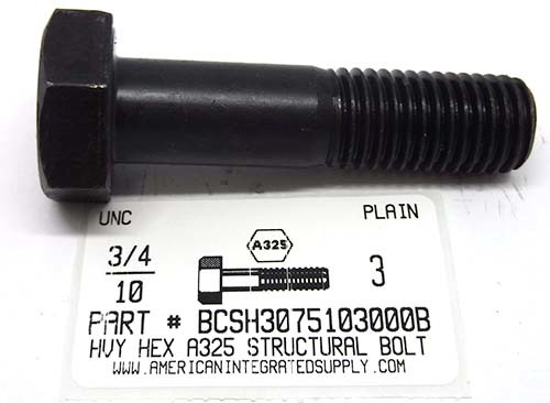 3/4-10X3 HEAVY HEX A325 STRUCTURAL BOLT STEEL PLAIN