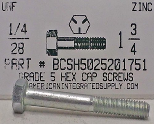 1/4-28X1-3/4 HEX HEAD CAP SCREW GRADE 5 STEEL ZINC PLATED (DISCONTINUED)