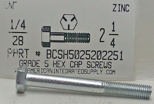 1/4-28X2-1/4 HEX HEAD CAP SCREW GRADE 5 STEEL ZINC PLATED