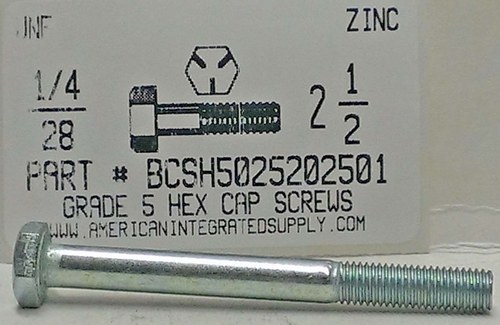 1/4-28X2-1/2 HEX HEAD CAP SCREW GRADE 5 STEEL ZINC PLATED