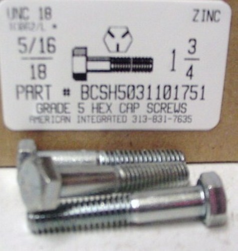 5/16-18X1-3/4 HEX HEAD CAP SCREW GRADE 5 STEEL ZINC PLATED