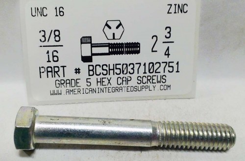 3/8-16X2-3/4 HEX HEAD CAP SCREW GRADE 5 STEEL ZINC PLATED