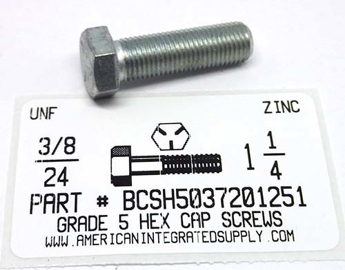 3/8-24X1-1/4 HEX HEAD CAP SCREW GRADE 5 STEEL ZINC PLATED