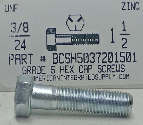 3/8-24X1-1/2 HEX HEAD CAP SCREW GRADE 5 STEEL ZINC PLATED