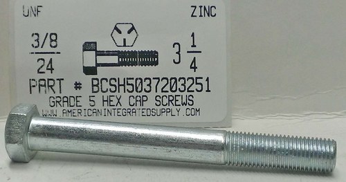 3/8-24X3-1/4 HEX HEAD CAP SCREW GRADE 5 STEEL ZINC PLATED