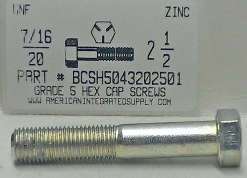 7/16-20X2-1/2 HEX HEAD CAP SCREW GRADE 5 STEEL ZINC PLATED