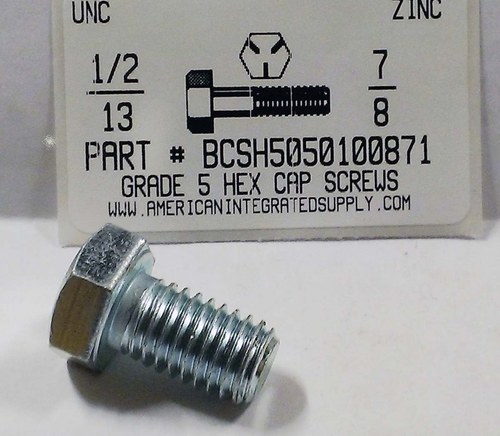 1/2-13X7/8 HEX HEAD CAP SCREW GRADE 5 STEEL ZINC PLATED