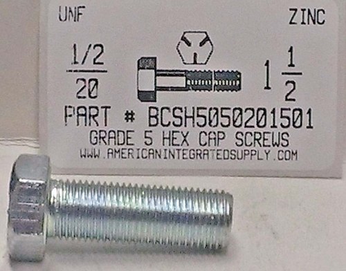 1/2-20X1-1/2 HEX HEAD CAP SCREW GRADE 5 STEEL ZINC PLATED