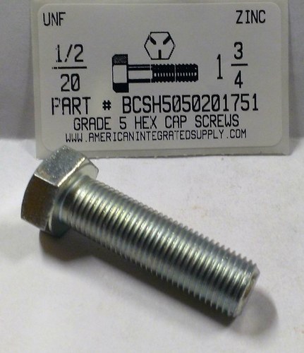 1/2-20X1-3/4 HEX HEAD CAP SCREW GRADE 5 STEEL ZINC PLATED