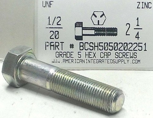 1/2-20X2-1/4 HEX HEAD CAP SCREW GRADE 5 STEEL ZINC PLATED