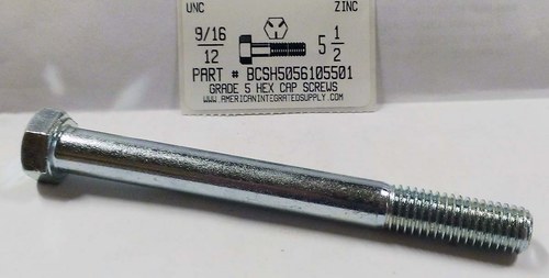 9/16-12X5-1/2 HEX HEAD CAP SCREW GRADE 5 STEEL ZINC PLATED