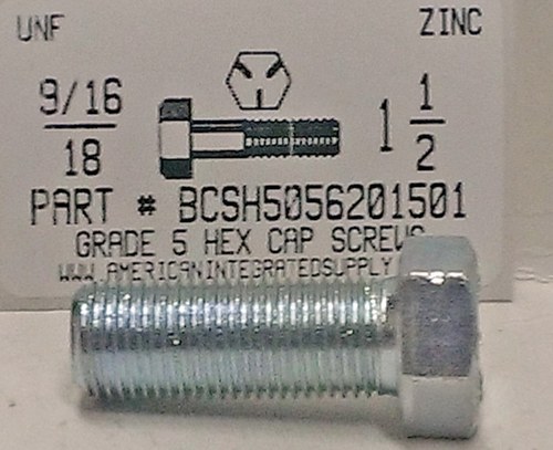 9/16-18X1-1/2 HEX HEAD CAP SCREW GRADE 5 STEEL ZINC PLATED