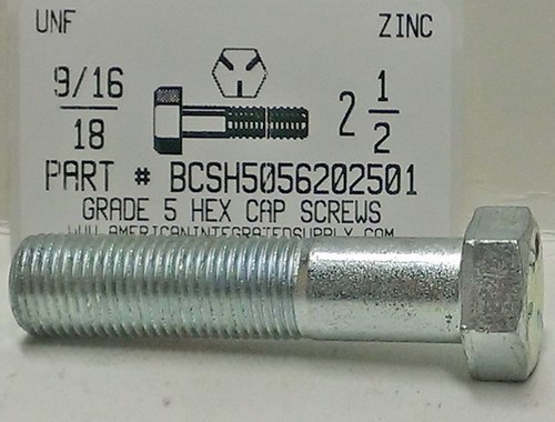 9/16-18X2-1/2 HEX HEAD CAP SCREW GRADE 5 STEEL ZINC PLATED