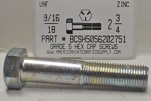 9/16-18X2-3/4 HEX HEAD CAP SCREW GRADE 5 STEEL ZINC PLATED