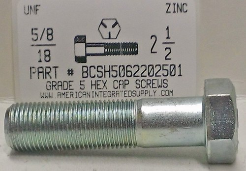 5/8-18X2-1/2 HEX HEAD CAP SCREW GRADE 5 STEEL ZINC PLATED