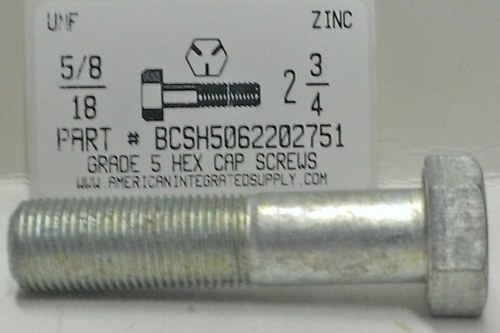 5/8-18X2-3/4 HEX HEAD CAP SCREW GRADE 5 STEEL ZINC PLATED