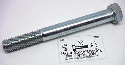 3/4-10X6-1/2 HEX HEAD CAP SCREW GRADE 5 STEEL ZINC PLATED