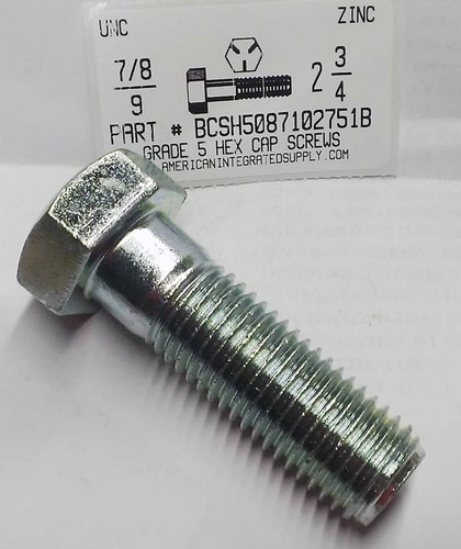 7/8-9X2-3/4 HEX HEAD CAP SCREW GRADE 5 STEEL ZINC PLATED