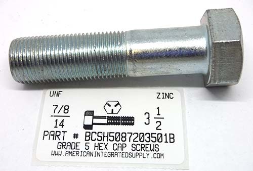 7/8-14X3-1/2 HEX HEAD CAP SCREW GRADE 5 STEEL ZINC PLATED