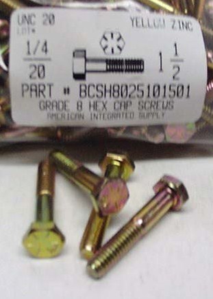 1/4-20X1-1/2 HEX HEAD CAP SCREW GRADE 8 STEEL YELLOW ZINC PLATED