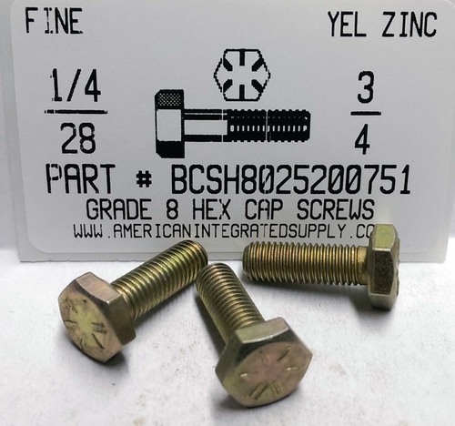 1/4-28X3/4 HEX HEAD CAP SCREW GRADE 8 STEEL YELLOW ZINC PLATED