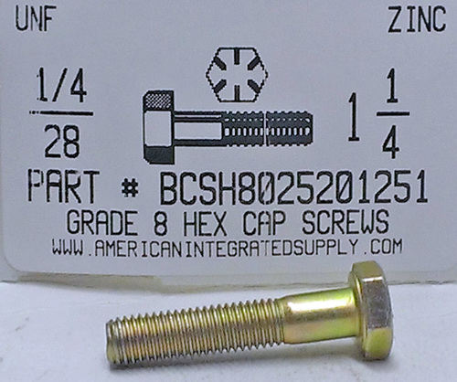 1/4-28X1-1/4 HEX HEAD CAP SCREW GRADE 8 STEEL YELLOW ZINC PLATED