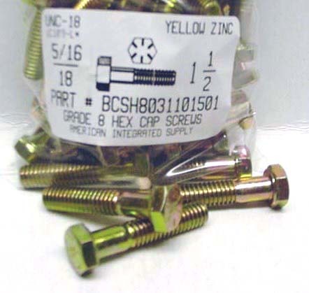 5/16-18X1-1/2 HEX HEAD CAP SCREW GRADE 8 STEEL YELLOW ZINC PLATED