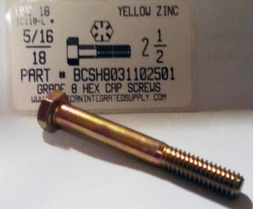 5/16-18X2-1/2 HEX HEAD CAP SCREW GRADE 8 STEEL YELLOW ZINC PLATED