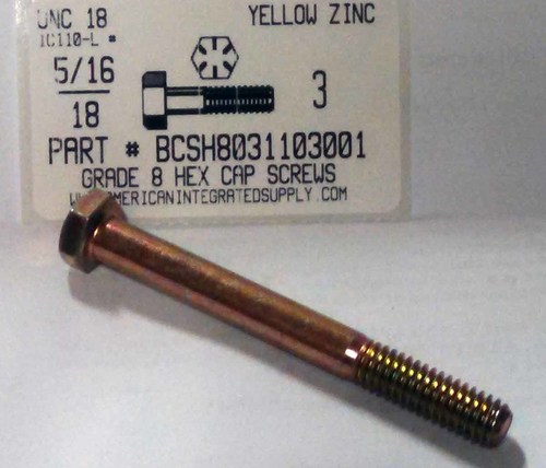 5/16-18X3 HEX HEAD CAP SCREW GRADE 8 STEEL YELLOW ZINC PLATED