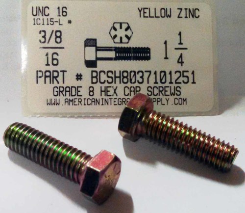 3/8-16X1-1/4 HEX HEAD CAP SCREW GRADE 8 STEEL YELLOW ZINC PLATED