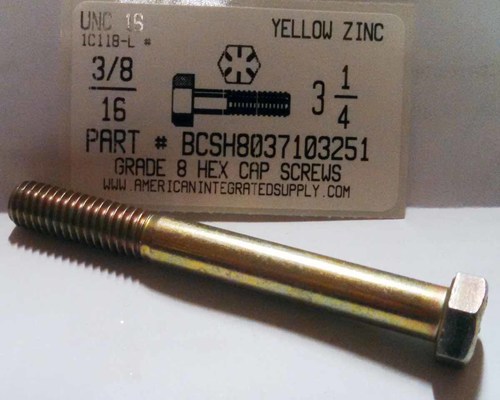 3/8-16X3-1/4 HEX HEAD CAP SCREW GRADE 8 STEEL YELLOW ZINC PLATED