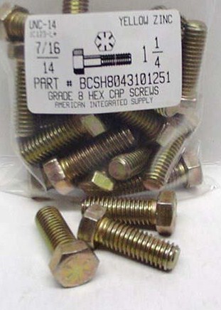 7/16-14X1-1/4 HEX HEAD CAP SCREW GRADE 8 STEEL YELLOW ZINC PLATED