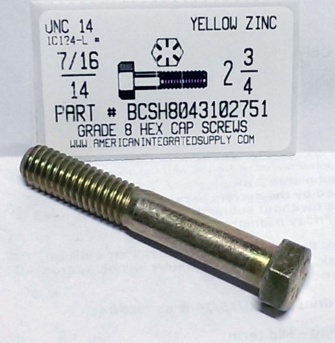 7/16-14X2-3/4 HEX HEAD CAP SCREW GRADE 8 STEEL YELLOW ZINC PLATED