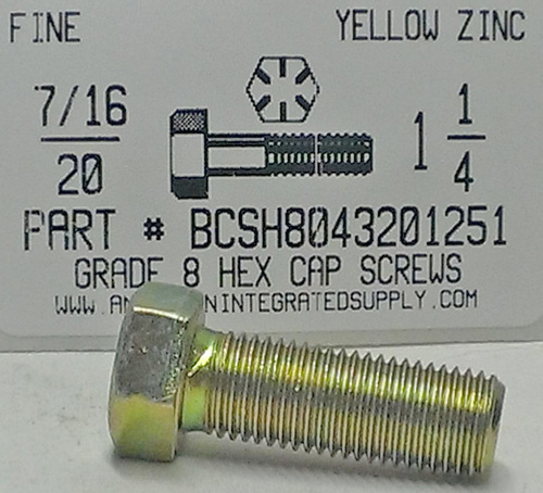 7/16-20X1-1/4 HEX HEAD CAP SCREW GRADE 8 STEEL YELLOW ZINC PLATED